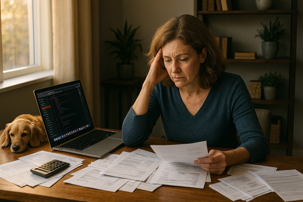 Gestresste Selbstständige am Schreibtisch mit Papierkram